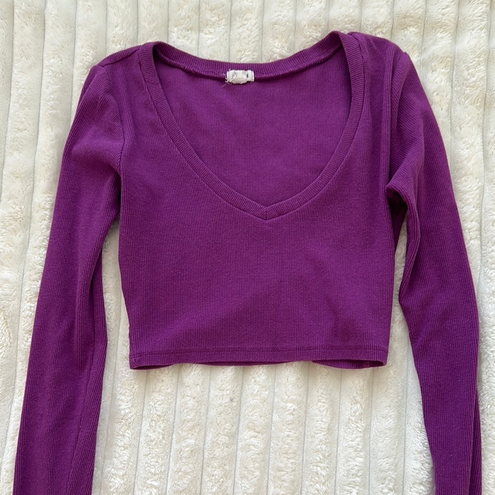 Garage Purple Long Sleeve Fitted Crop Blouse